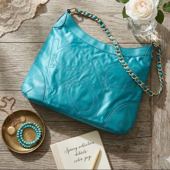 bebe Handbags - Vintage Bebe Y2K Turquoise Satin Logo Hobo Bag Teal Gold Chain